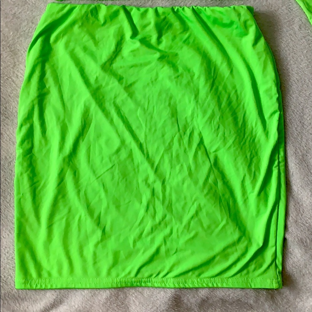 Neon green two-piece skirt and cropped top set